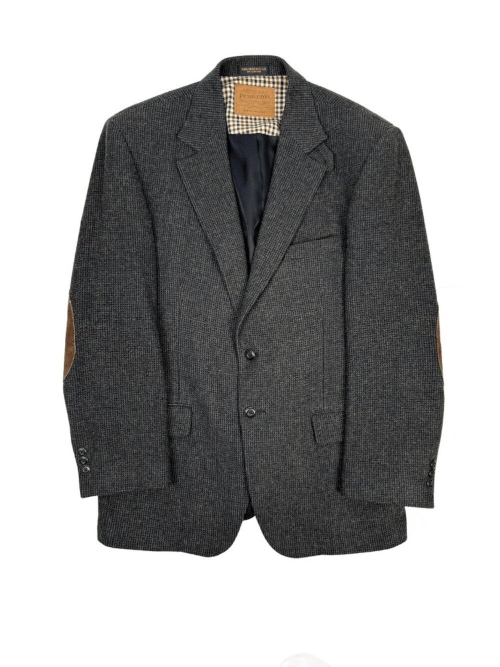 PENDLETON Wool Tweed Check Preppy Dark Grey Brown Elbow Patch Mens Blazer 42R